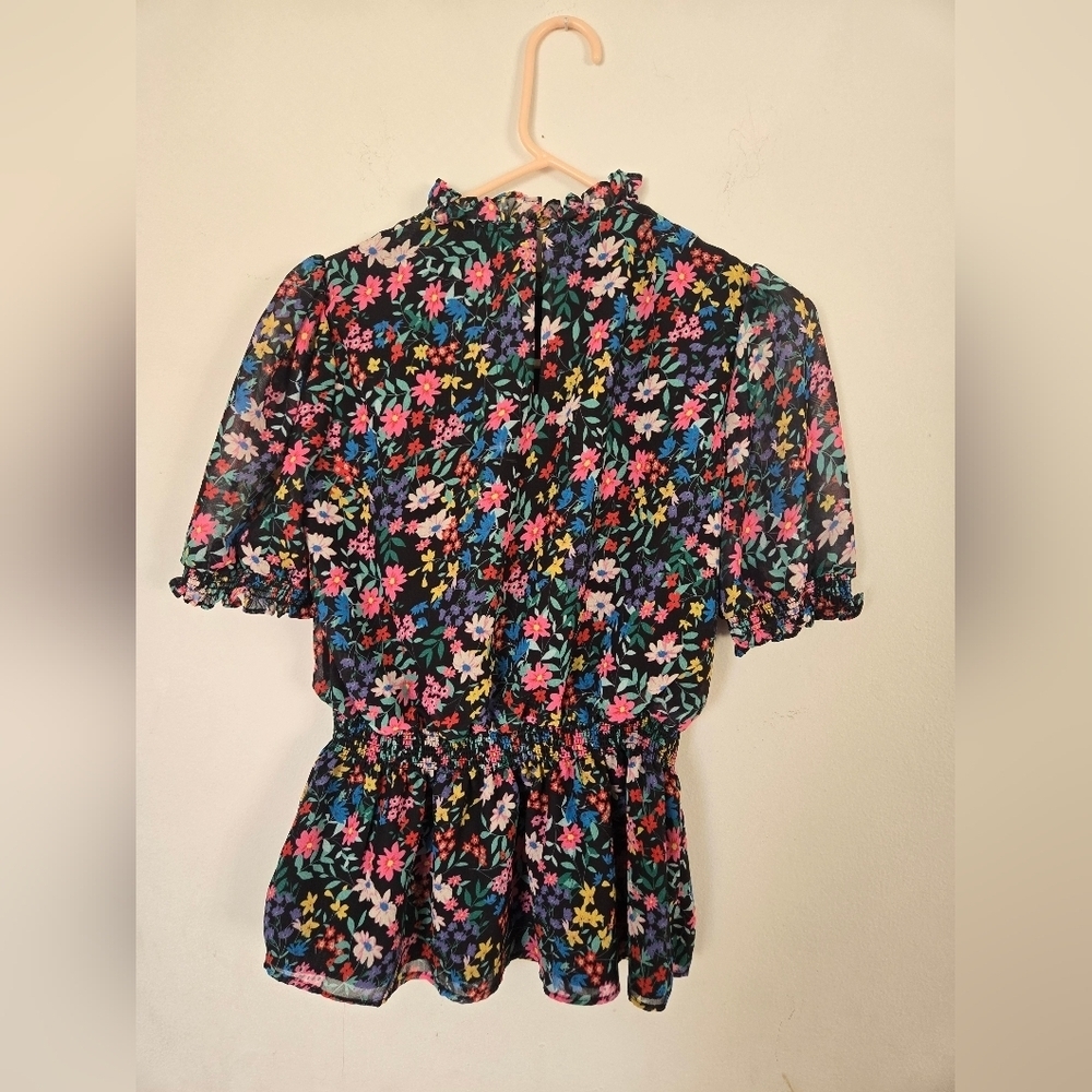 Catherine Malendrino Top Womens XS Ditsy Floral Ruffled Blouse Peplum Keyhole - Picture 2 of 8